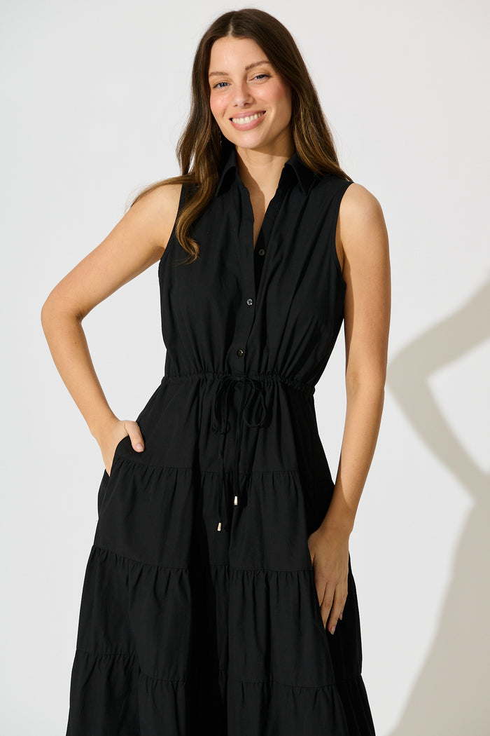Vrinda Midi Dress in Black Cotton front