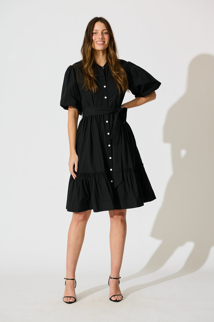 Miya Midi Dress in Black Cotton full length
