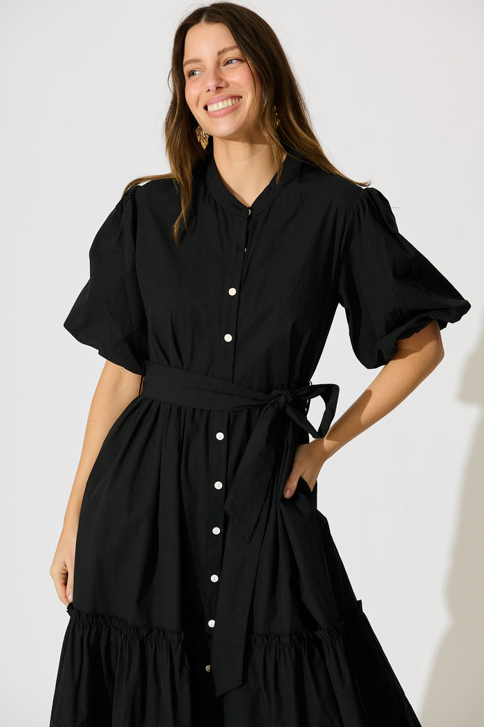 Miya Midi Dress in Black Cotton front