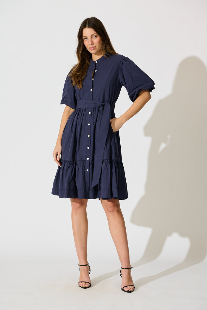 Miya Midi Dress in Navy Cotton full length