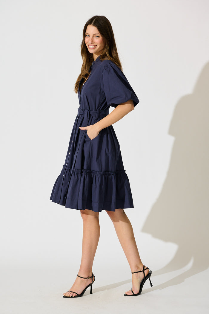 Miya Midi Dress in Navy Cotton side