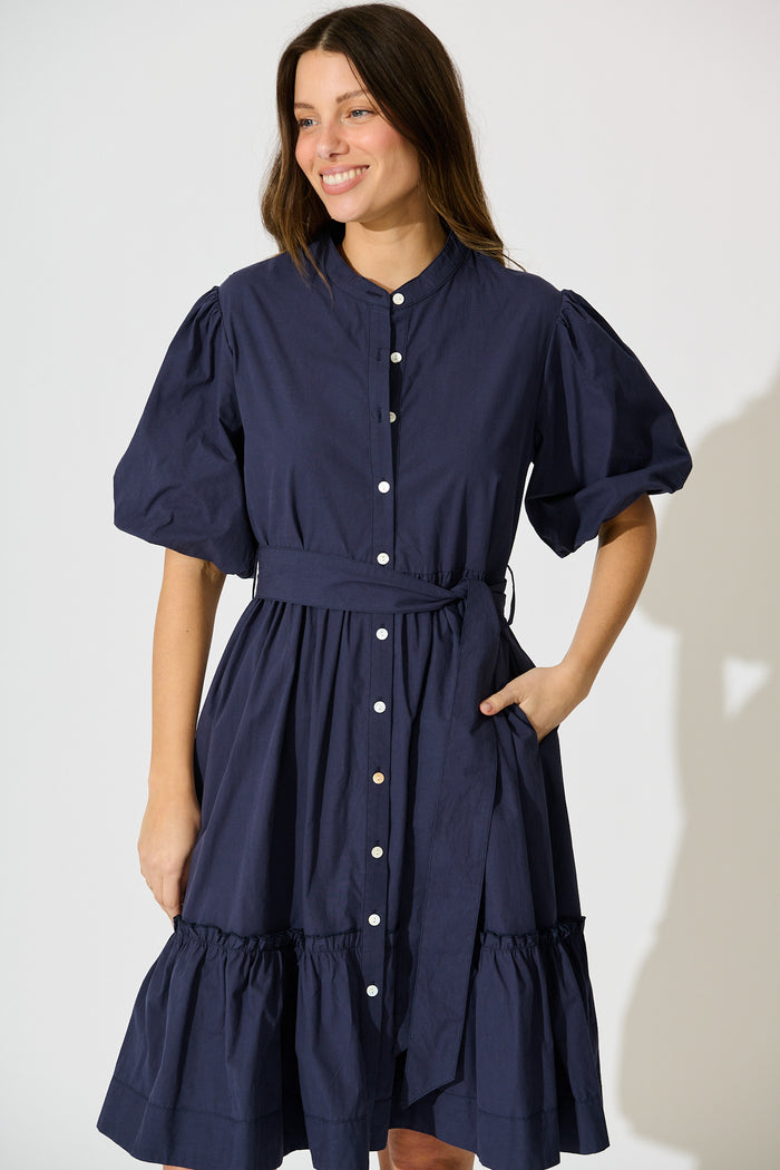 Miya Midi Dress in Navy Cotton front