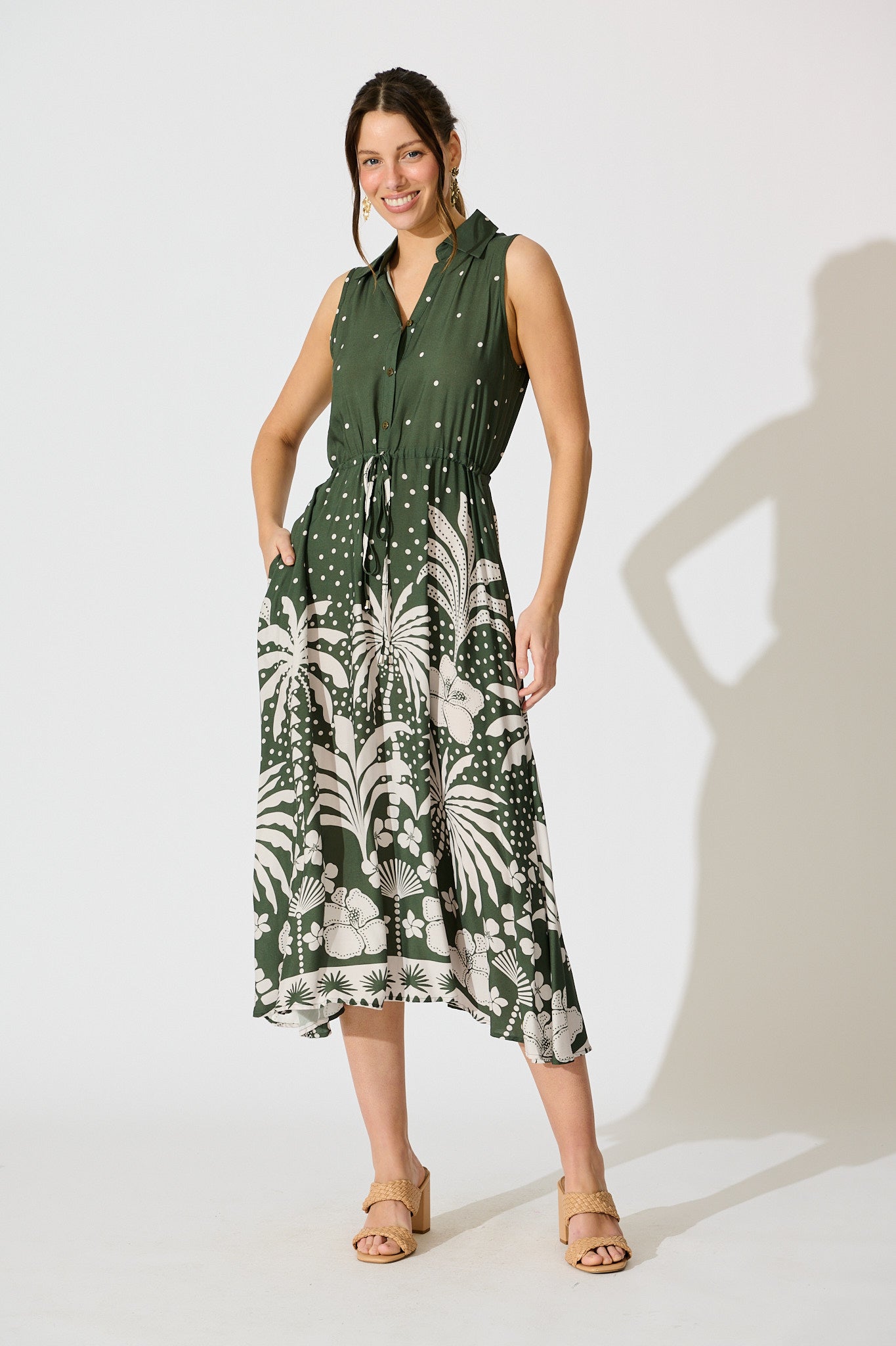 Mirren Midi Dress in Emerald with White Palm Print full length