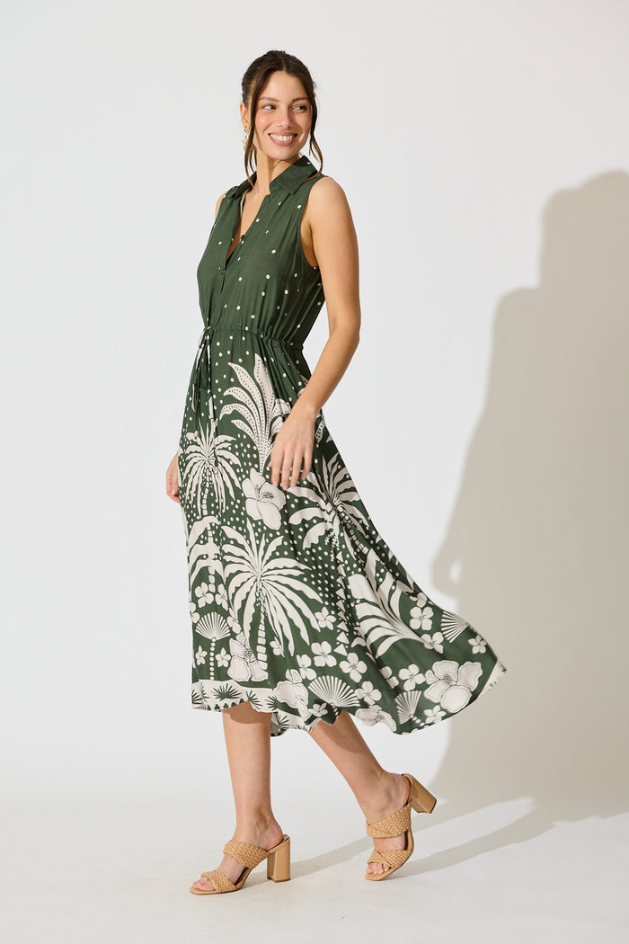 Mirren Midi Dress in Emerald with White Palm Print side
