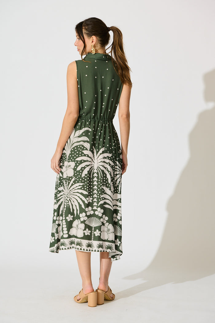 Mirren Midi Dress in Emerald with White Palm Print back