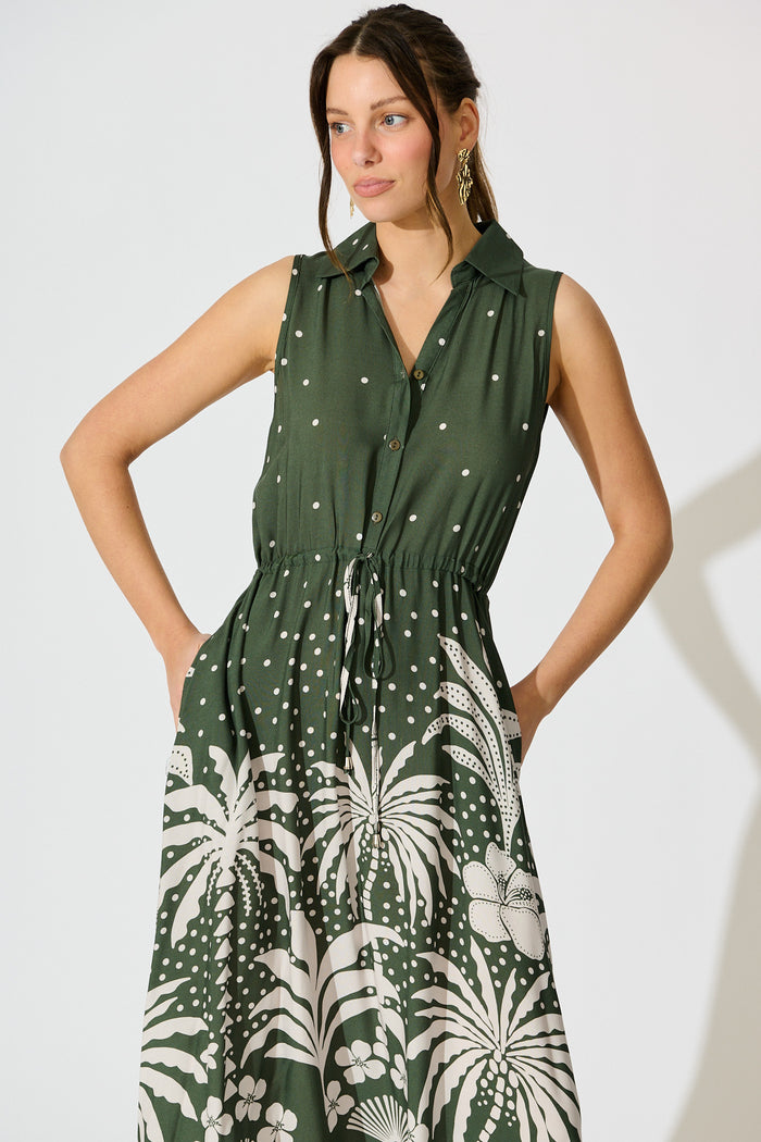 Mirren Midi Dress in Emerald with White Palm Print front