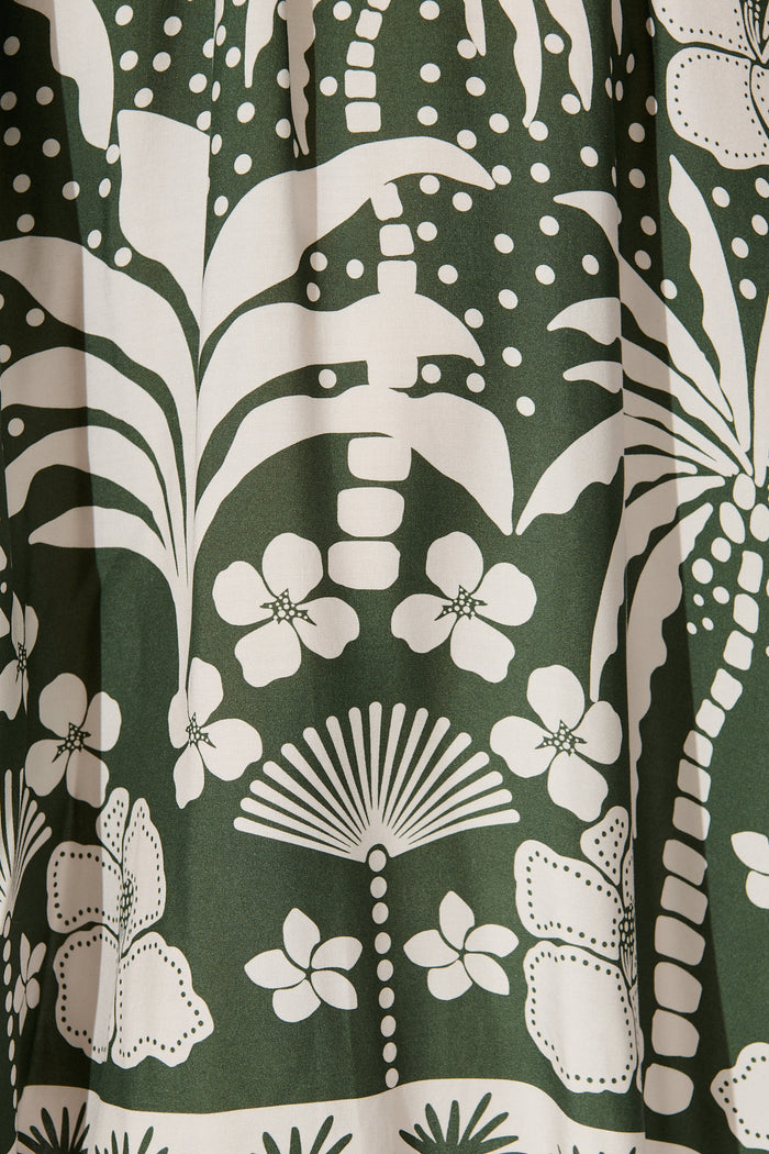 Mirren Midi Dress in Emerald with White Palm Print fabric