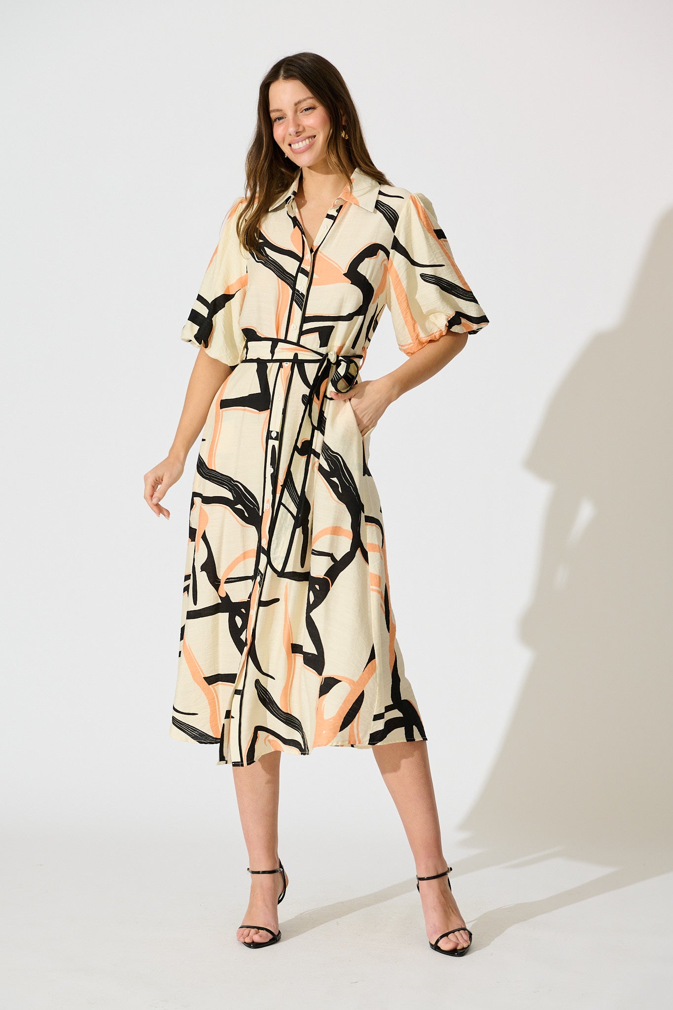 Libra Midi Shirt Dress in Cream with Orange Print full length