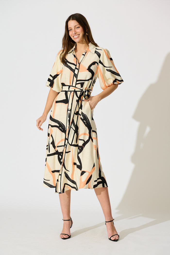 Libra Midi Shirt Dress in Cream with Orange Print full length