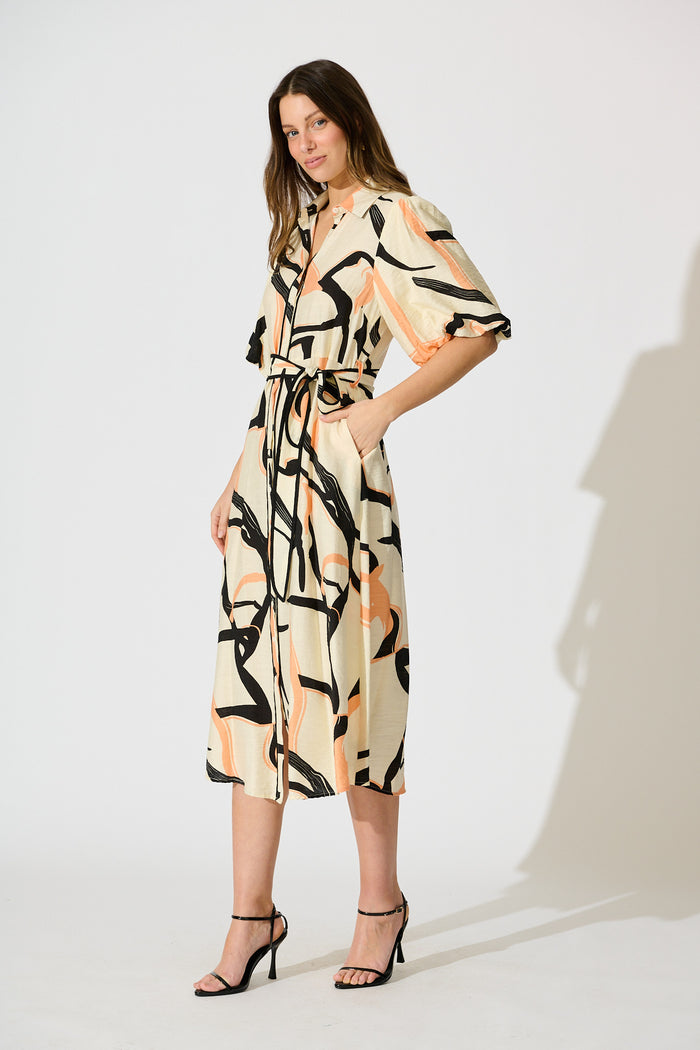 Libra Midi Shirt Dress in Cream with Orange Print side