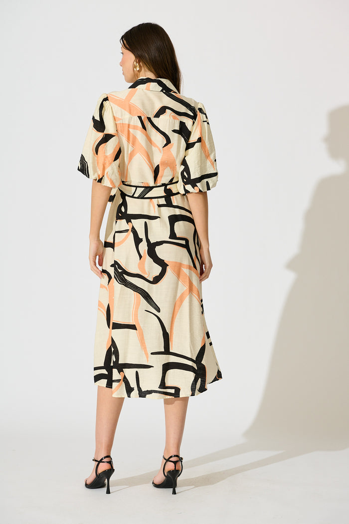 Libra Midi Shirt Dress in Cream with Orange Print back