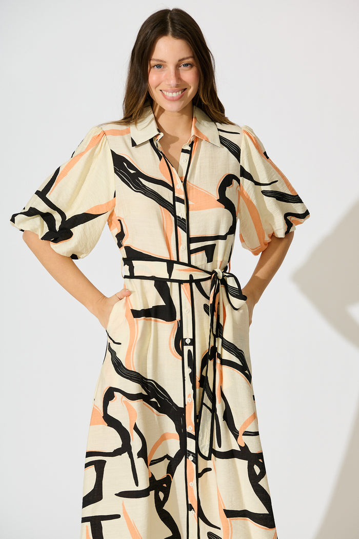 Libra Midi Shirt Dress in Cream with Orange Print front
