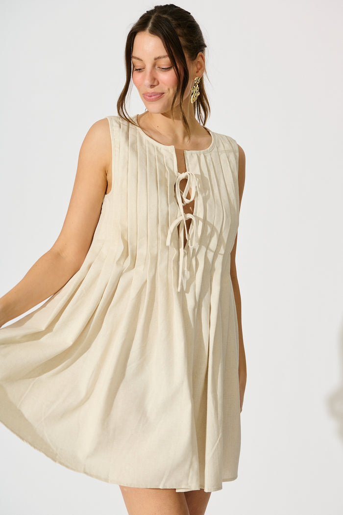Elisara Tie Front Dress in Oatmeal Linen Blend front