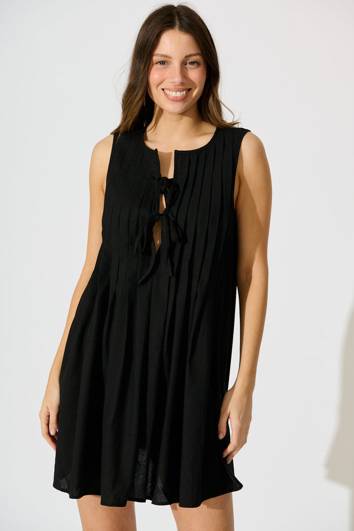 Elisara Tie Front Dress in Black Linen Blend front