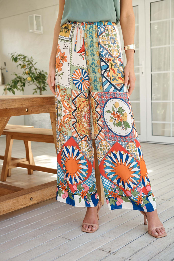 Moroccan Sunset Pant in Multi Tile Print campaign front