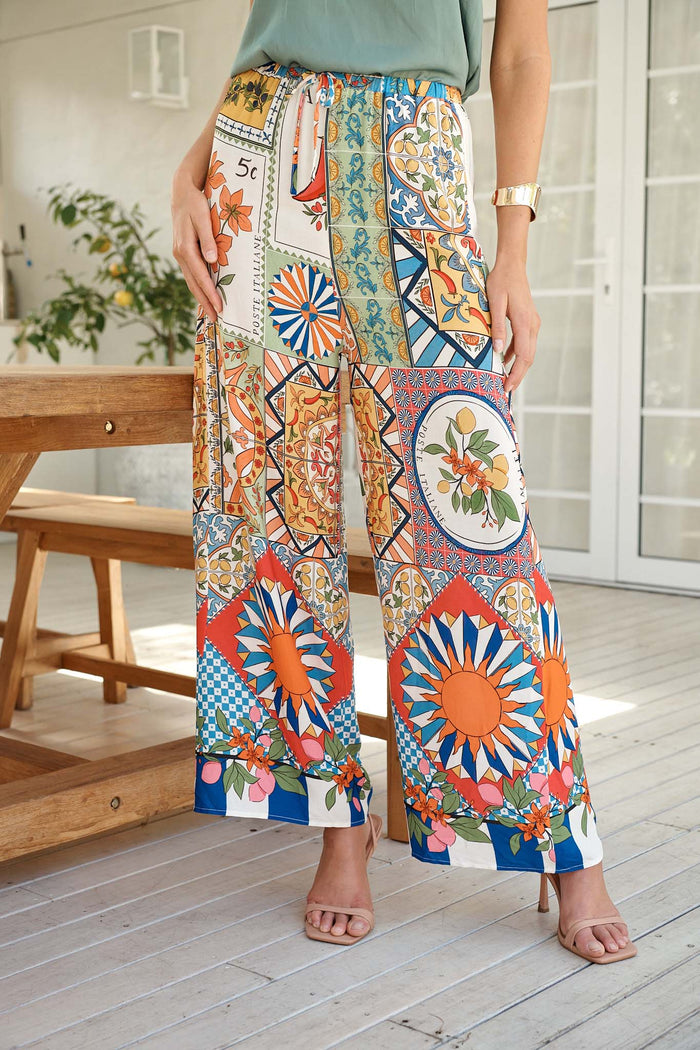 Moroccan Sunset Pant in Multi Tile Print campaign front