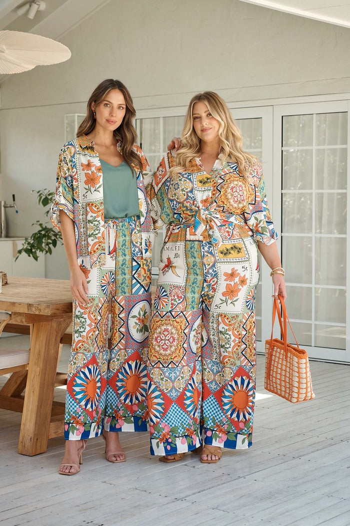 Moroccan Sunset Pant in Multi Tile Print campaign two models