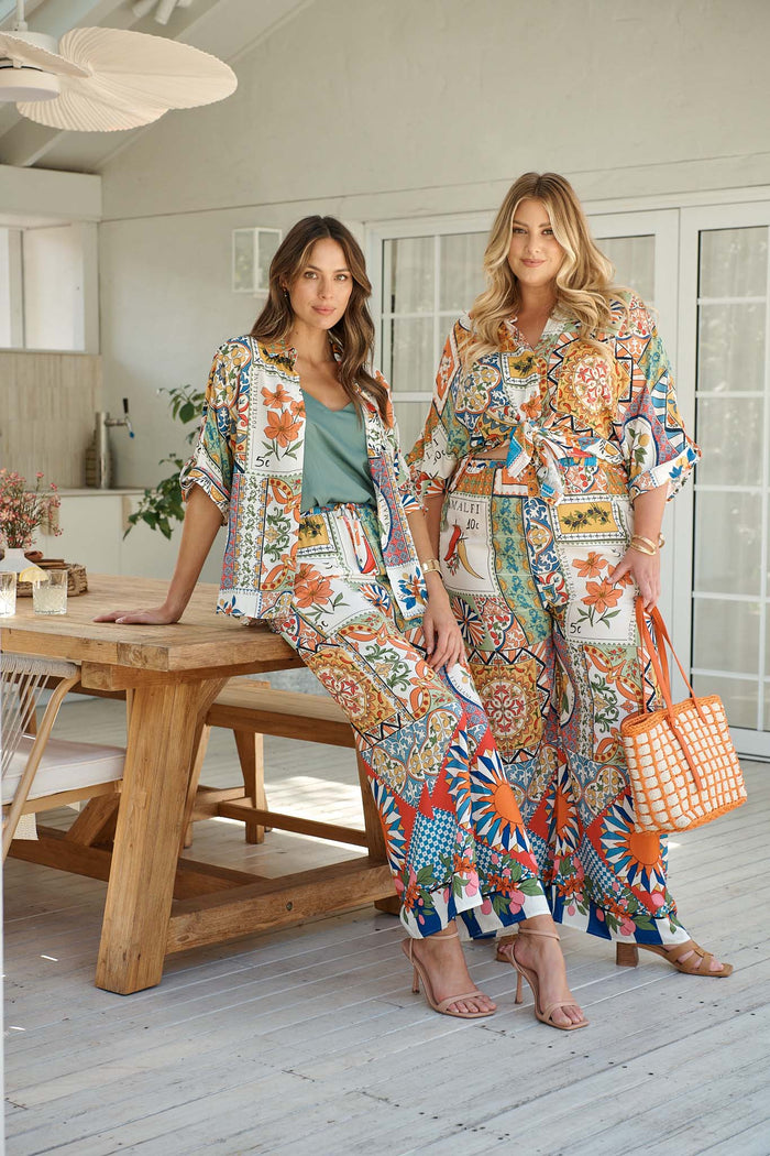 Moroccan Sunset Pant in Multi Tile Print campaign two models
