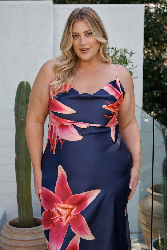 Moonlit Flora Maxi Dress in Navy Floral Satin campaign front