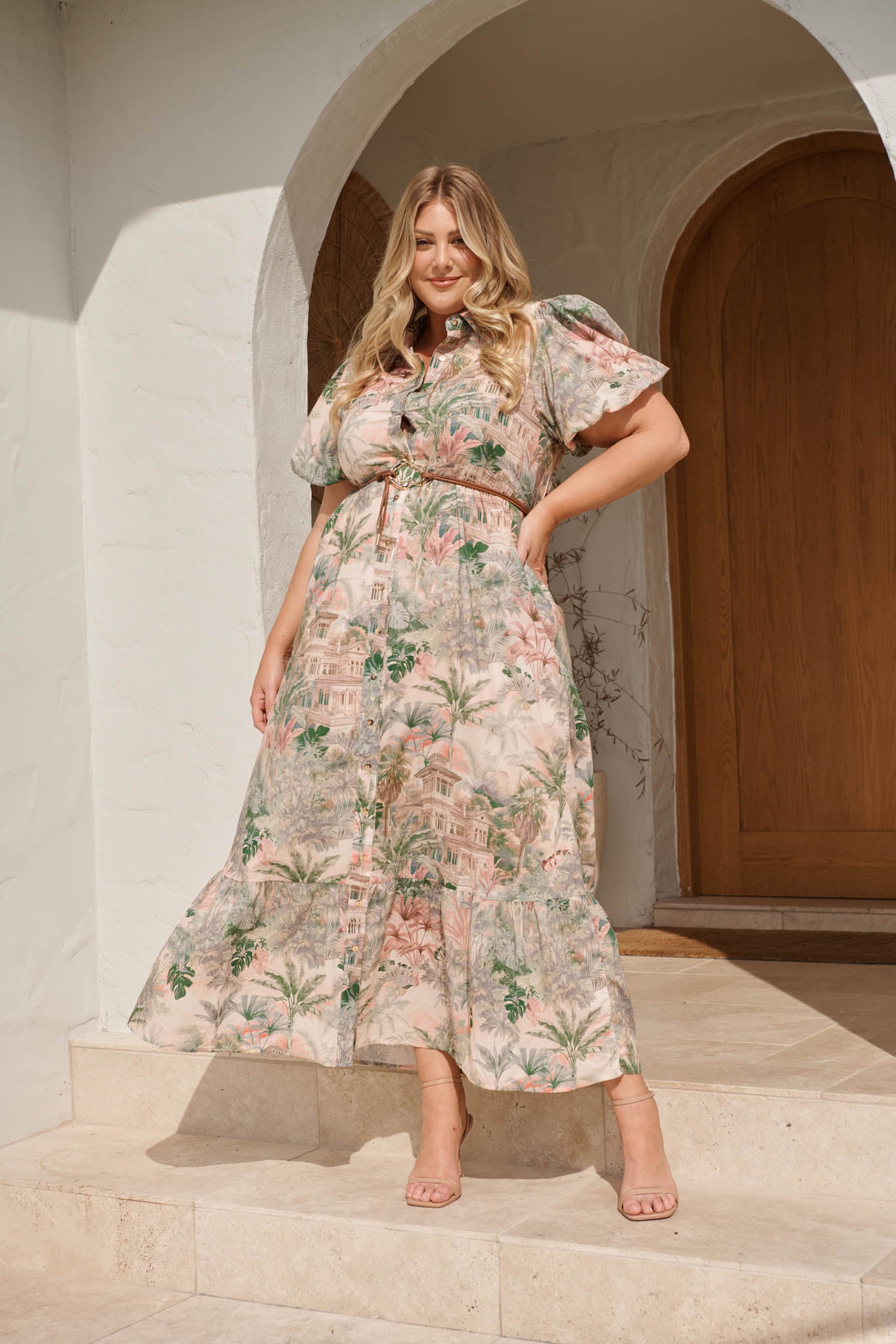 Palm Serenade Maxi Dress in Multi Palm Tree Print campaign full length