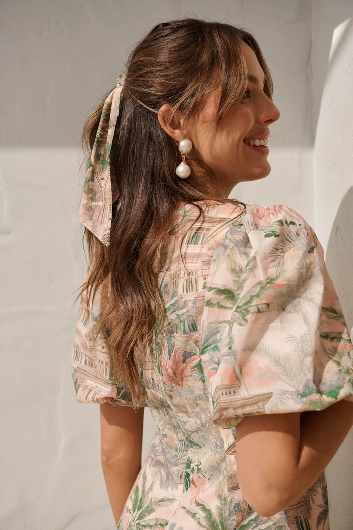 Carla Drop Earrings in Gold with Pearl campaign on model side
