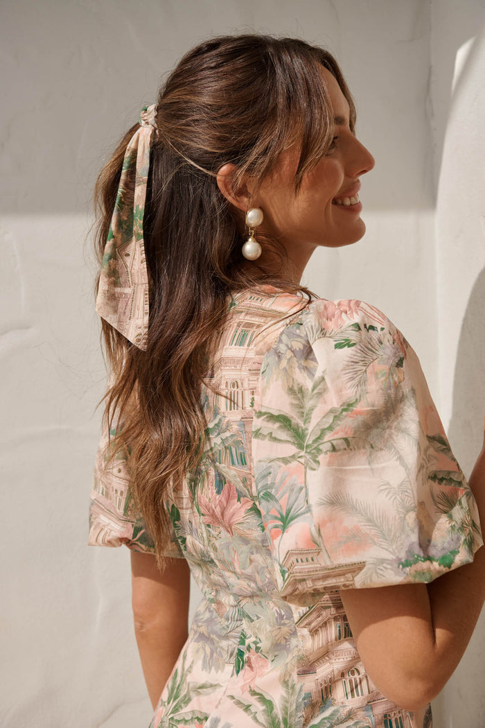 Jody Scrunchie with Tails in Multi Palm Tree Print campaign on model side