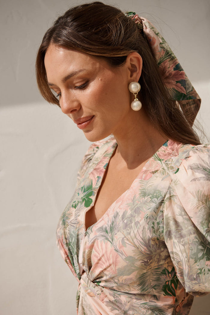 Carla Drop Earrings in Gold with Pearl campaign on model side