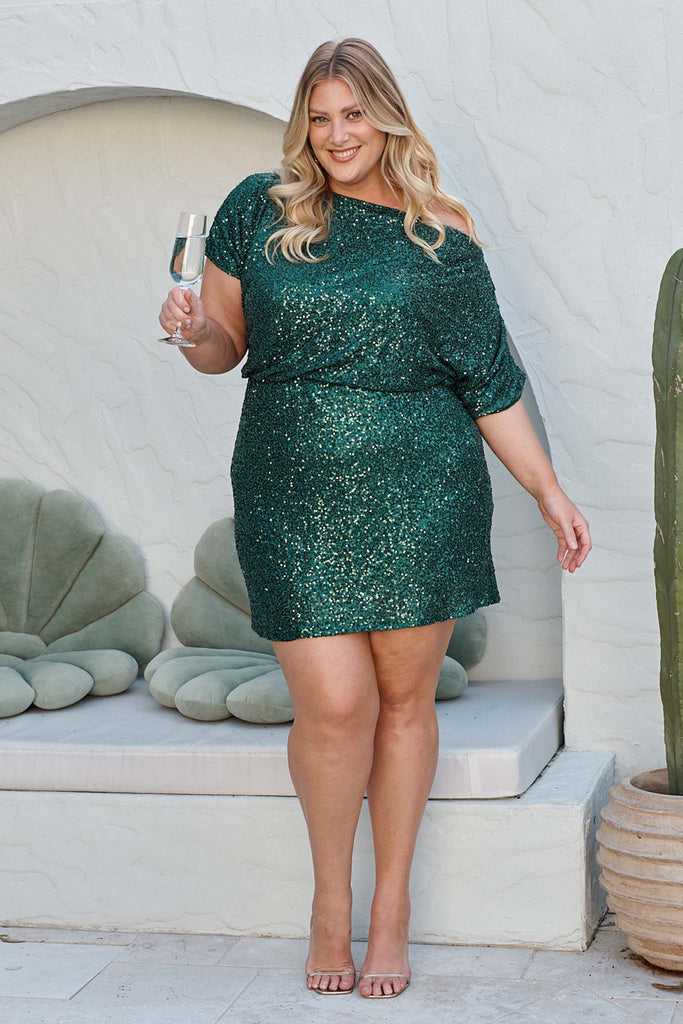Shayla Off Shoulder Dress in Emerald Sequin campaign front