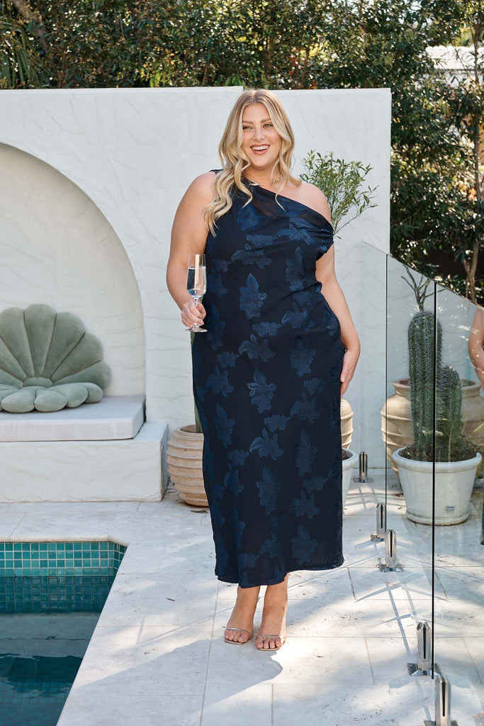 Lunar Romance Off Shoulder Maxi Dress in Navy Burnout Chiffon campaign full length