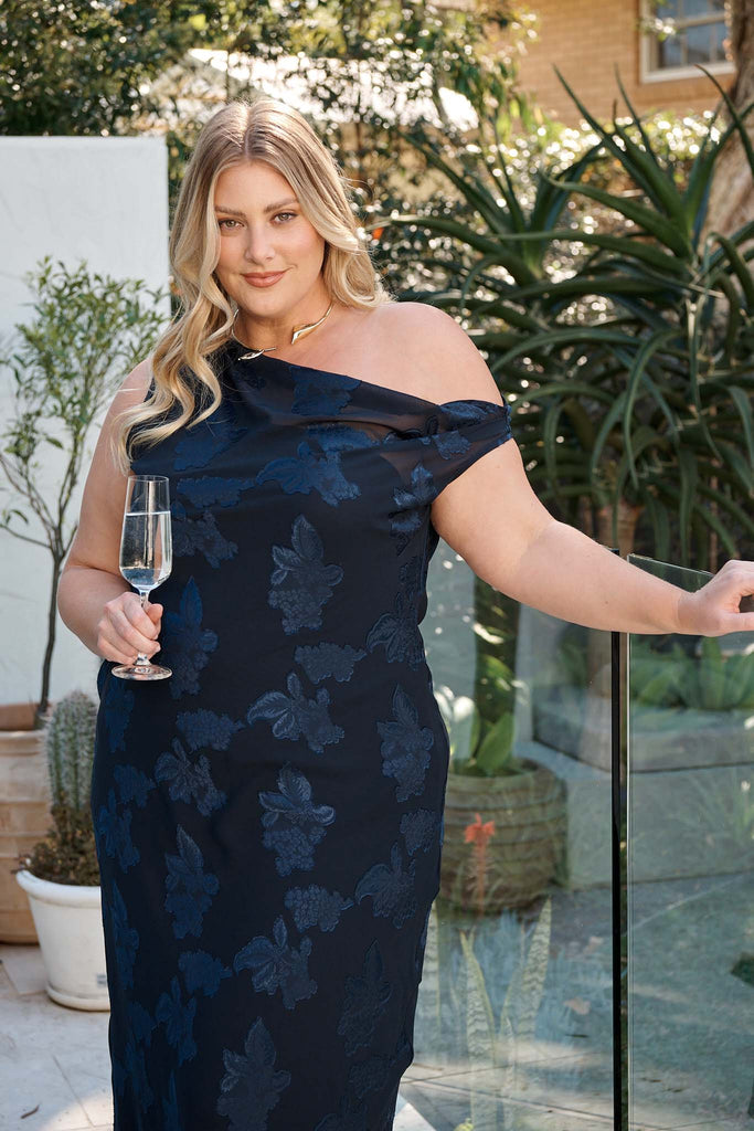 Lunar Romance Off Shoulder Maxi Dress in Navy Burnout Chiffon campaign front