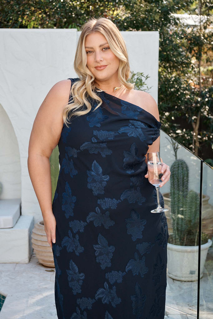 Lunar Romance Off Shoulder Maxi Dress in Navy Burnout Chiffon campaign front