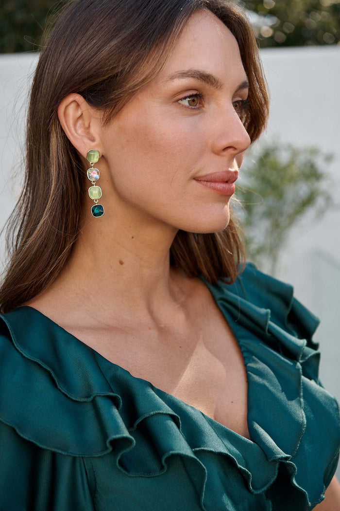 Liana Drop Earrings In Multi Emerald campaign on model close up