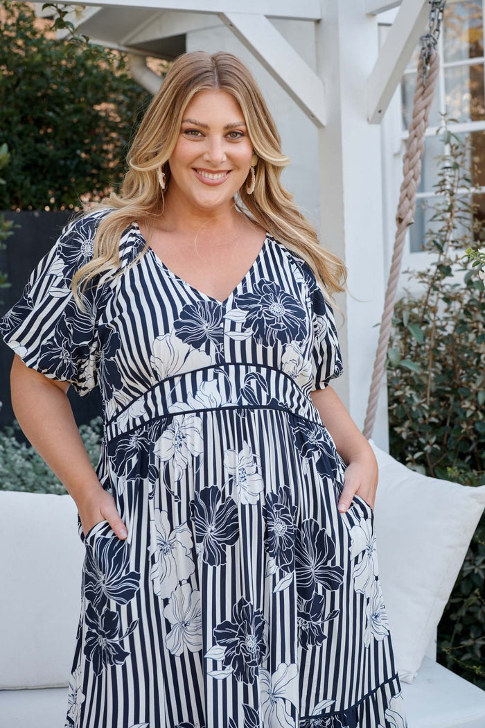 Sailaway Midi Dress in Navy Stripe Floral campaign front