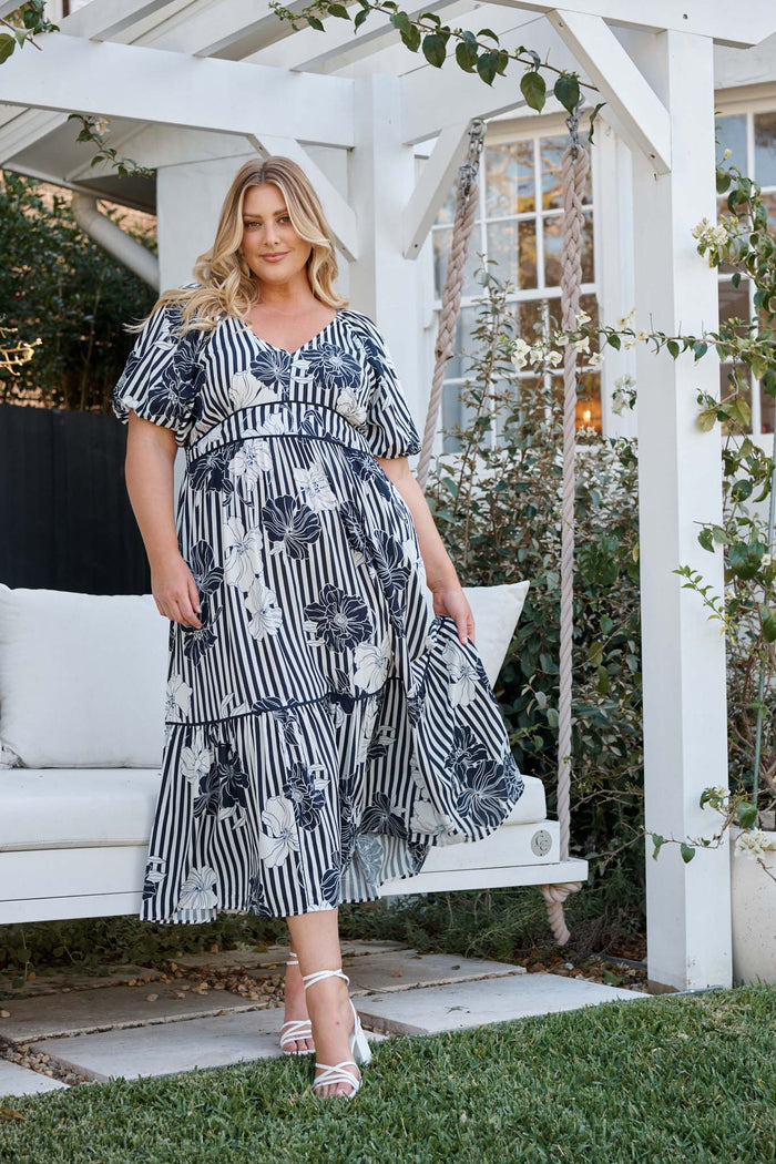 Sailaway Midi Dress in Navy Stripe Floral campaign full length