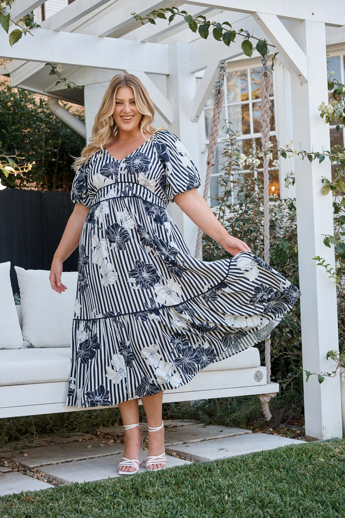 Sailaway Midi Dress in Navy Stripe Floral curve