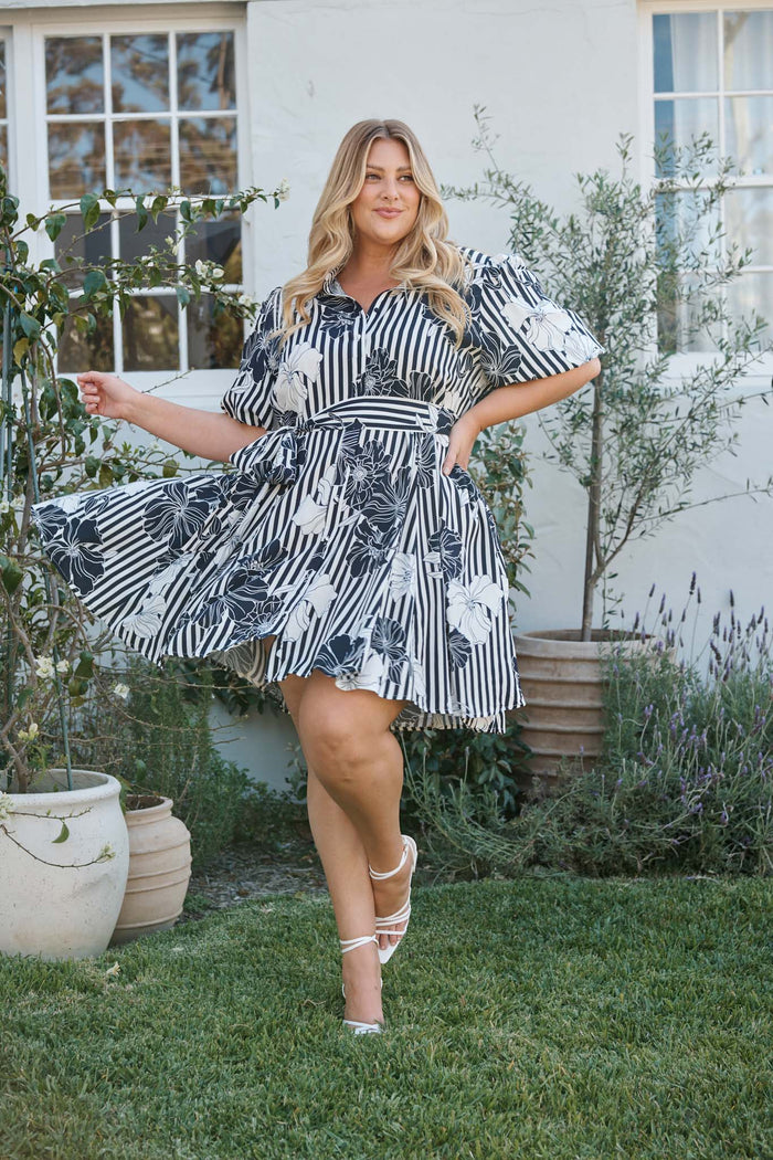 Coastal Charm Shirt Dress in Navy Stripe Floral Curve