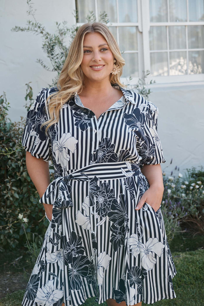 Coastal Charm Shirt Dress in Navy Stripe Floral campaign front