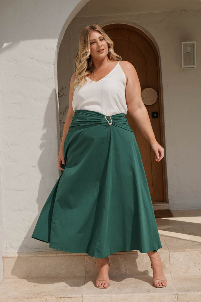Dusk to Dawn Maxi Skirt in Emerald Cotton campaign full length