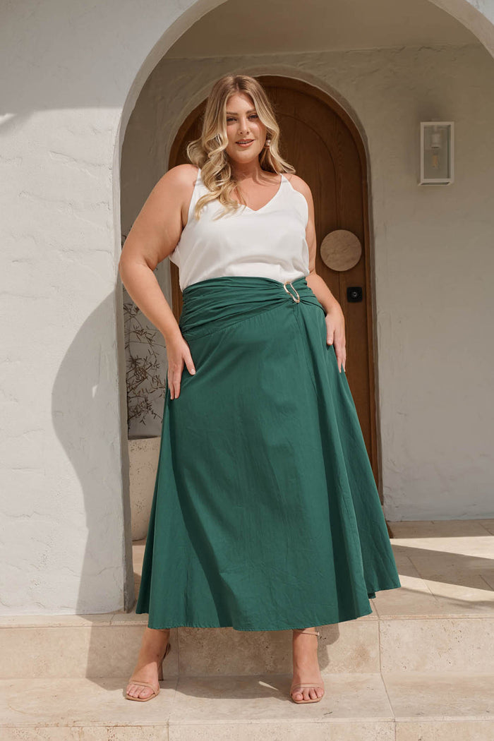 Dusk to Dawn Maxi Skirt in Emerald Cotton campaign full length