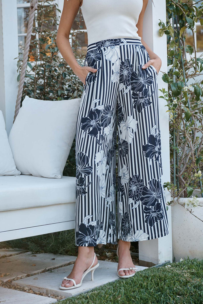 Sailbloom Pant in Navy Stripe Floral campaign front