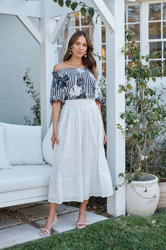 Marina Off Shoulder Top in Navy Stripe Floral campaign full length