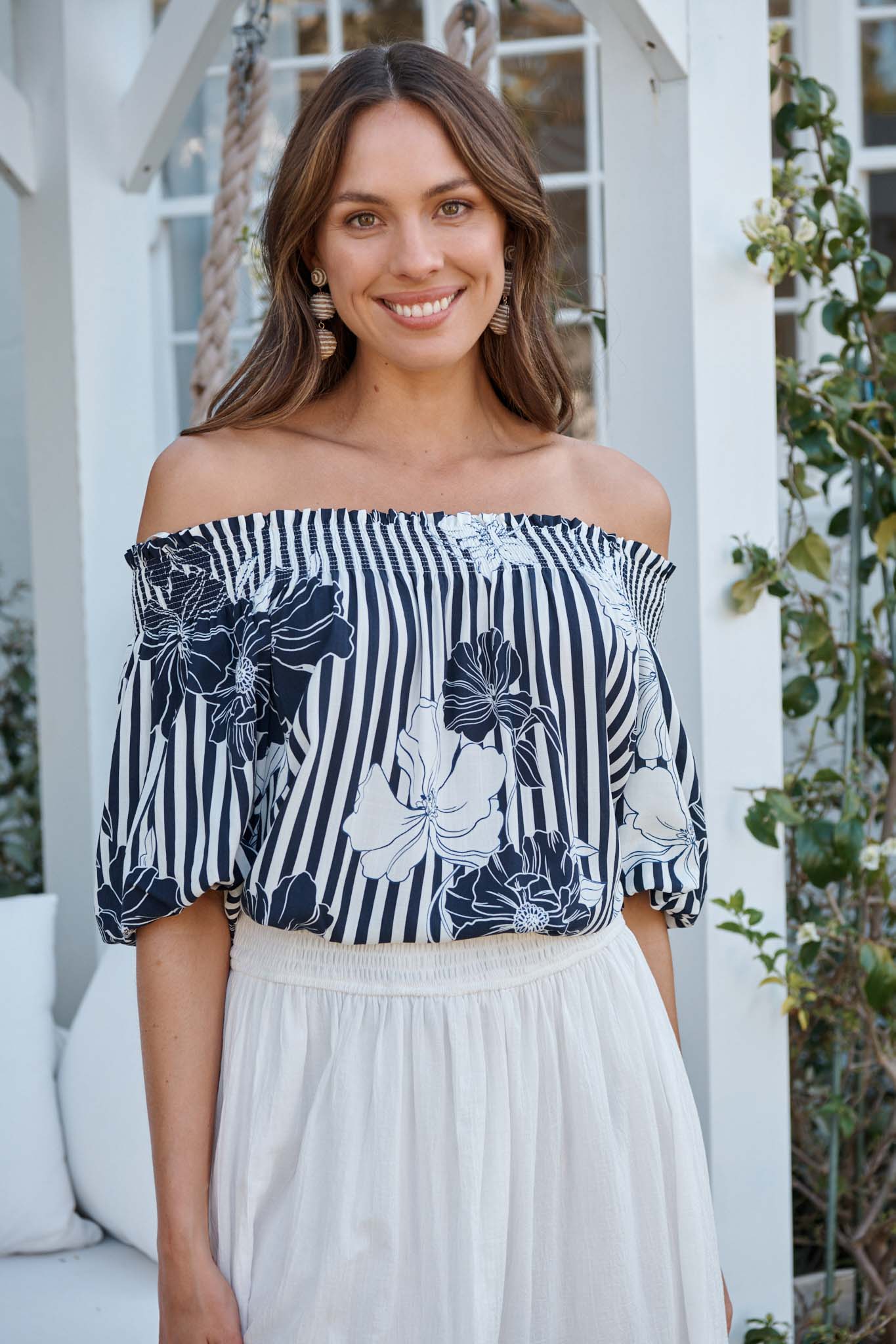 Marina Off Shoulder Top in Navy Stripe Floral campaign front