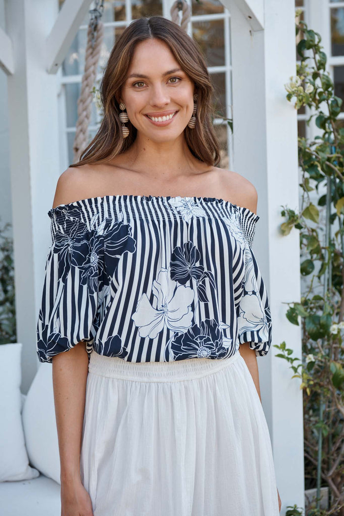 Marina Off Shoulder Top in Navy Stripe Floral campaign front