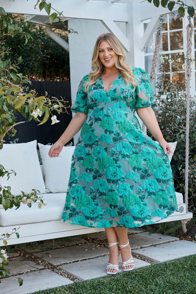 Opulence Midi Dress In Jade Green Organza Jacquard campaign full length