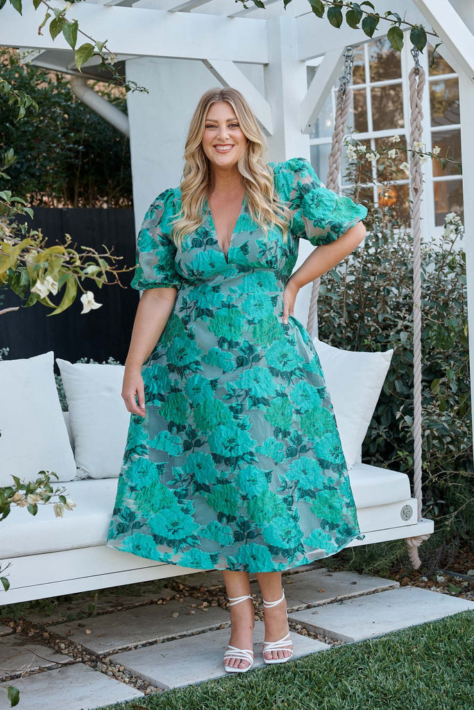 Opulence Midi Dress In Jade Green Organza Jacquard campaign full length