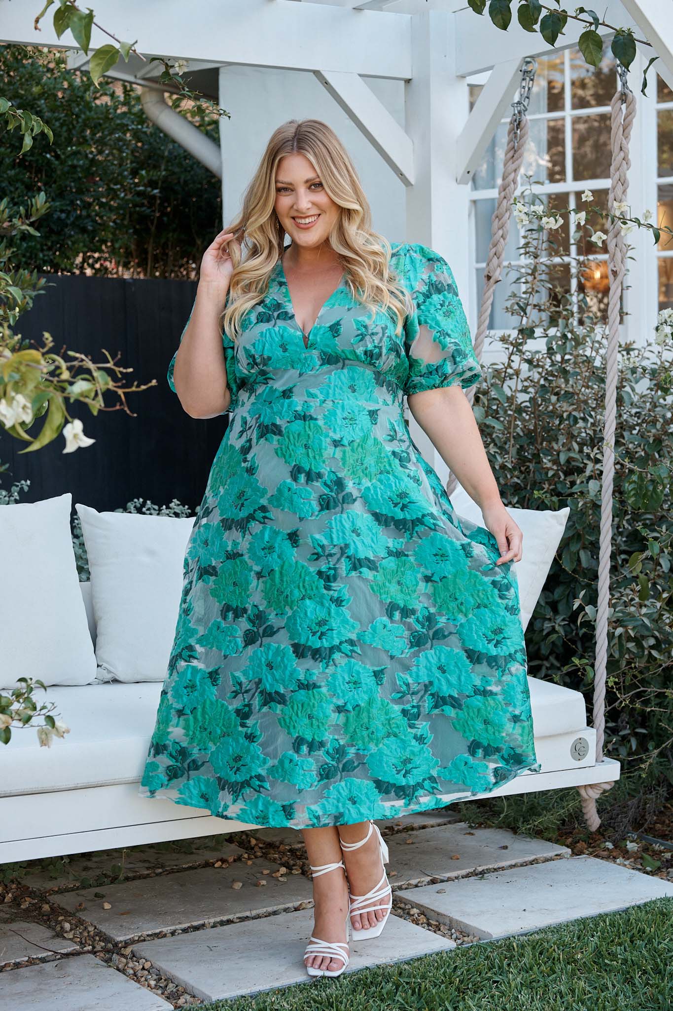 Opulence Midi Dress In Jade Green Organza Jacquard curve