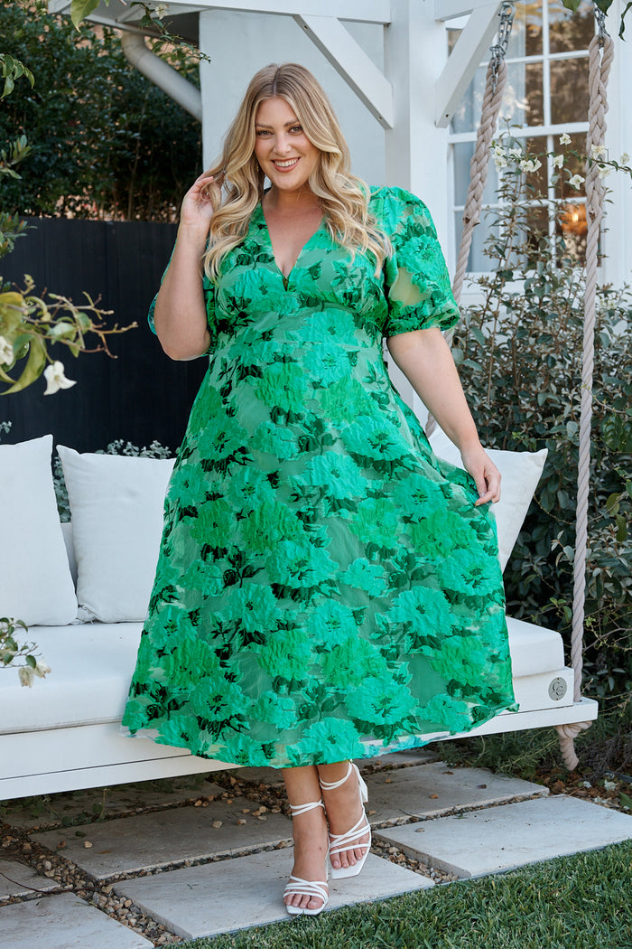 Opulence Midi Dress In Jade Green Organza Jacquard