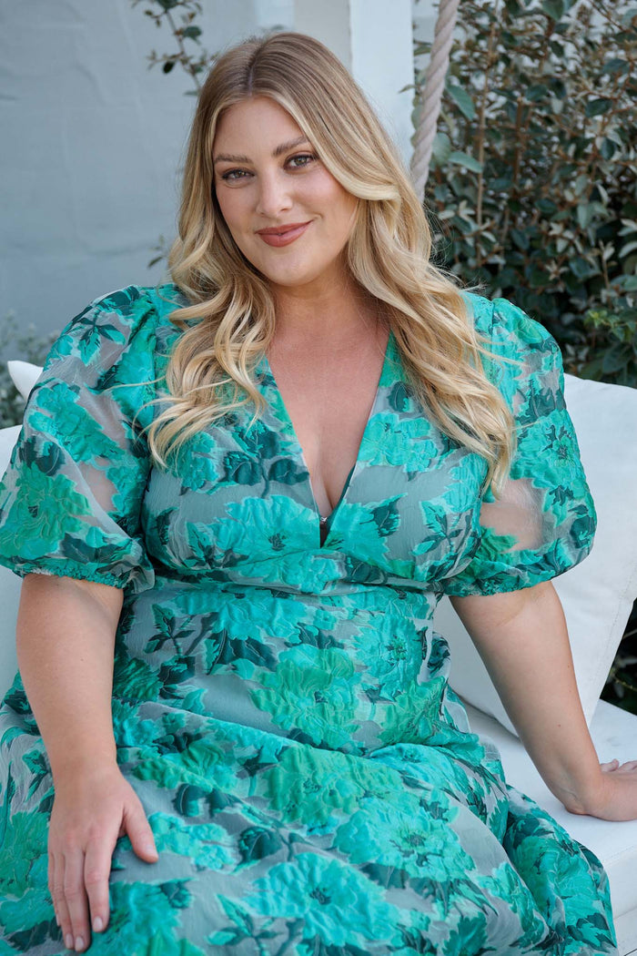Opulence Midi Dress In Jade Green Organza Jacquard campaign front