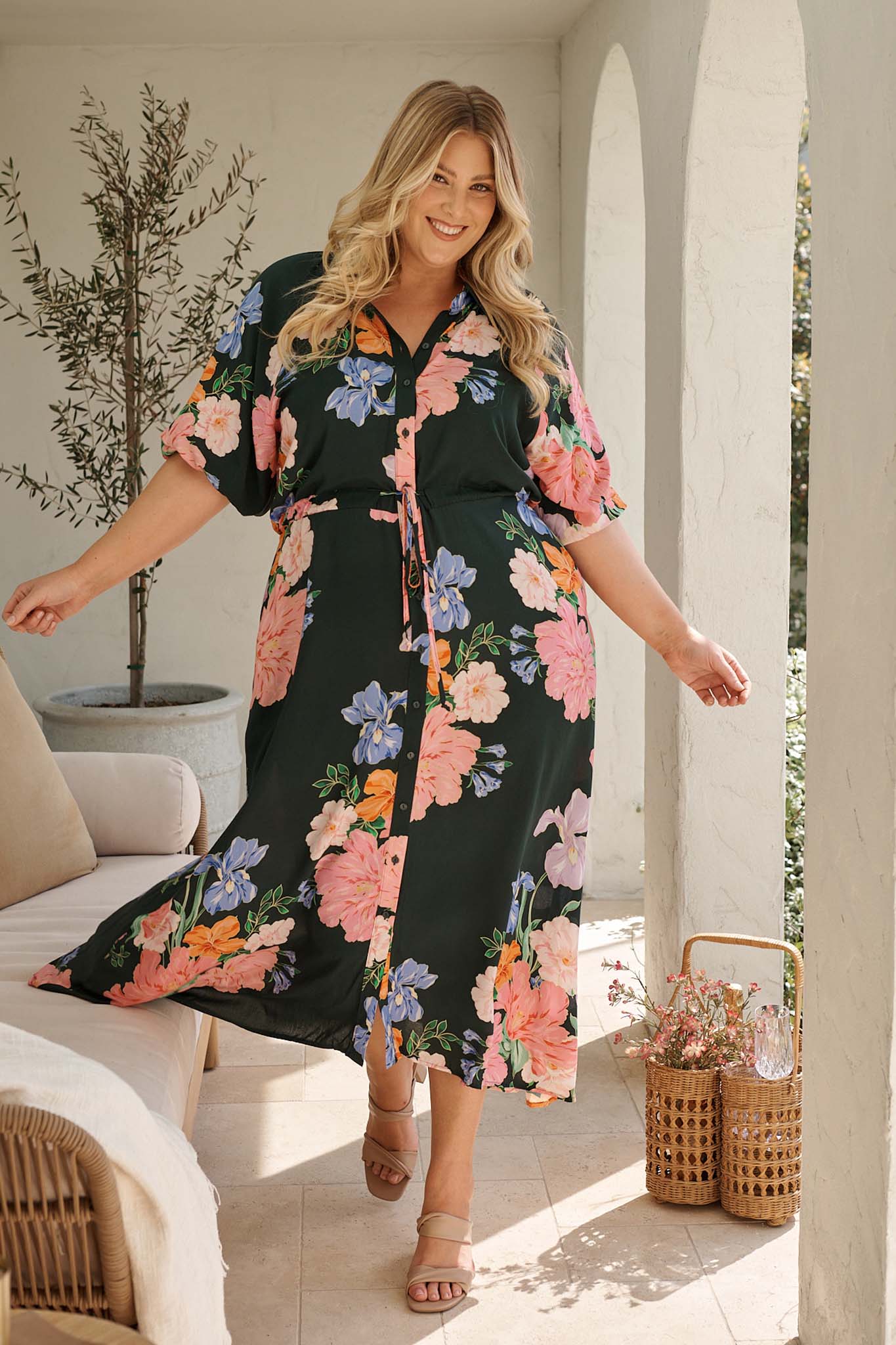 Isla Botanica Midi Shirt Dress in Green with Multi Floral curve