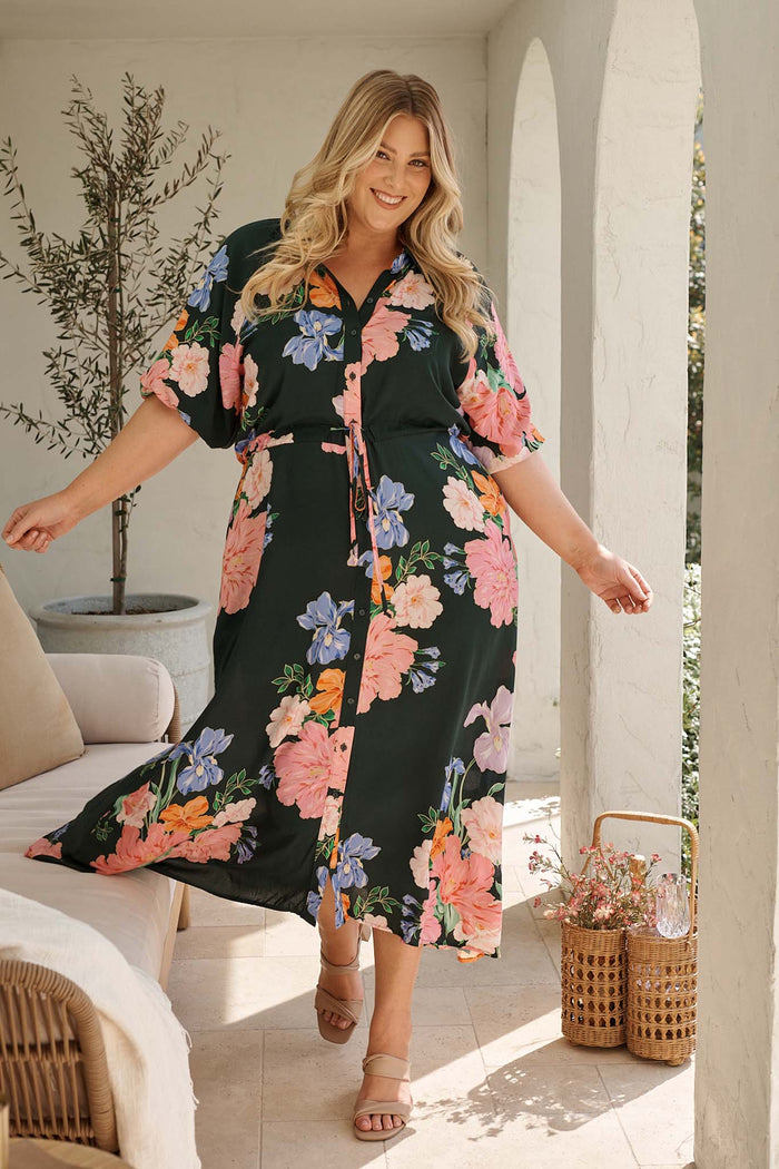 Isla Botanica Midi Shirt Dress in Green with Multi Floral curve